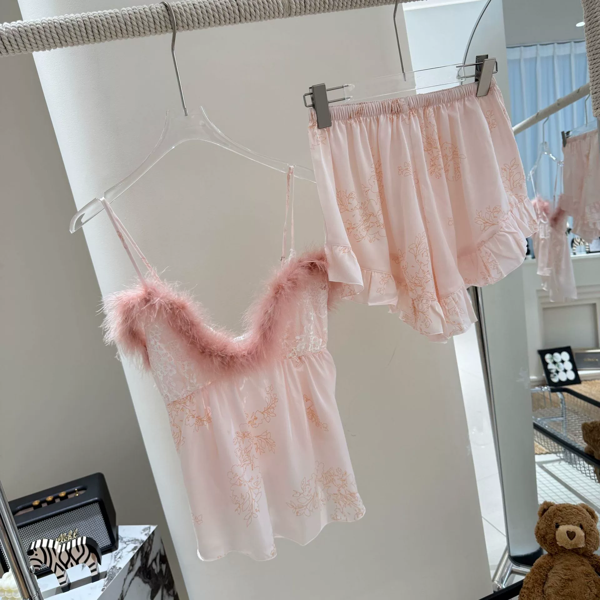 Fuchsia summer pijama, silk sexy thin set, lifting effect