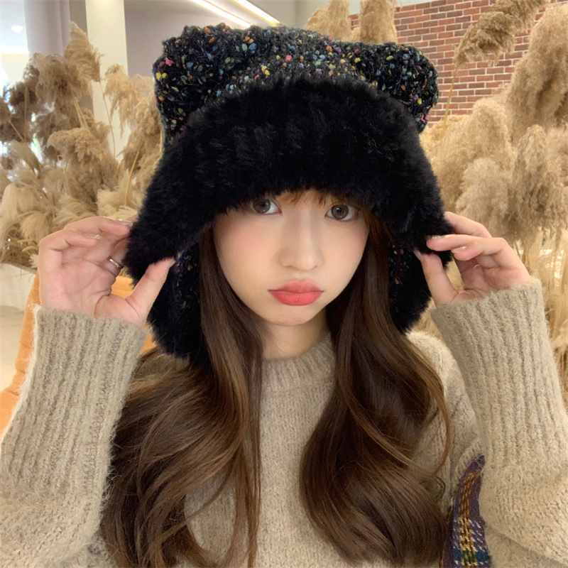New Korean Version Of Little Bear Ear Knitted Hat With Knitted Yarn For Children's Winter Face Show, Small Plush, Cute, Warm, Big Head Cover Ear Hat_voghion.com