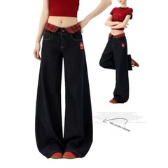 美式复古猫咪刺绣牛仔裤女夏季高腰显瘦宽松格子拼接直筒阔腿裤潮