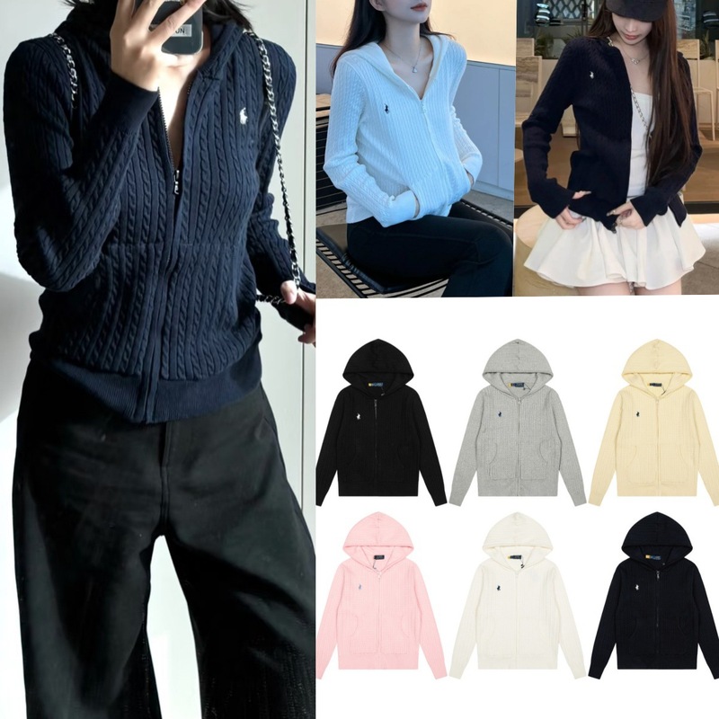 Rl Ralph Lauren Logo Knit Zip-Up Hooded Cardigan Sweater Autumn Winter Pure Cotton Warm Top Korean Style