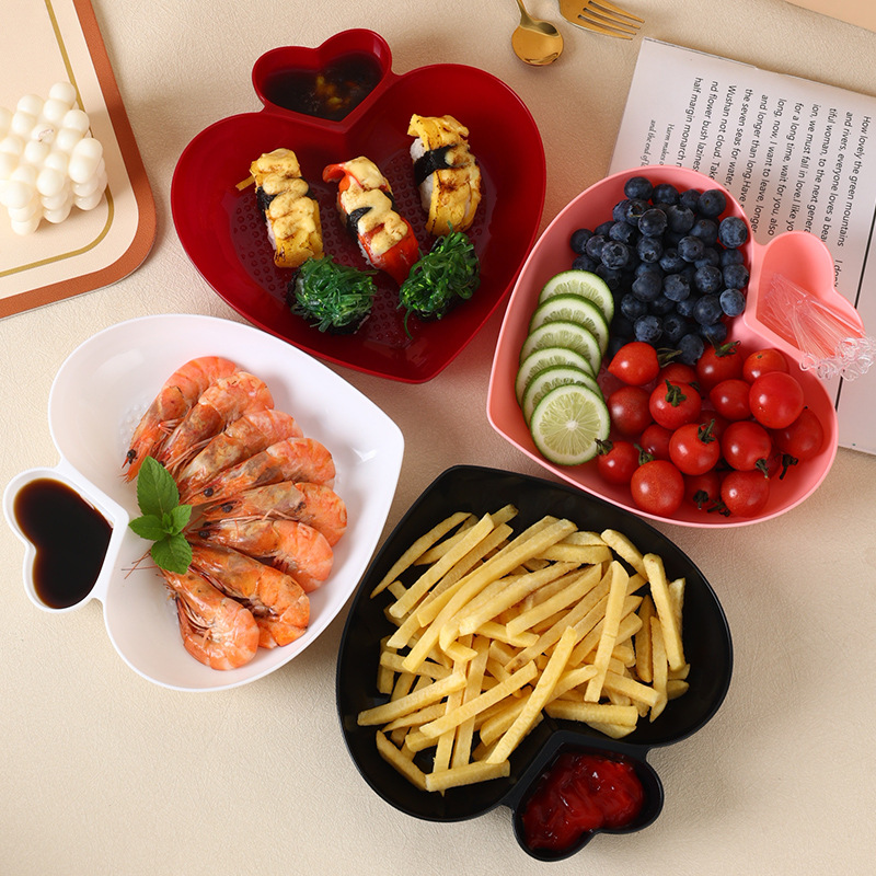 PP爱心形饺子盘带醋碟薯条盘家用菜盘水果盘商用餐厅沙拉盘寿司盘