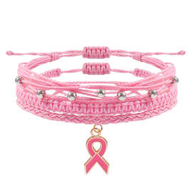 亚马逊手工编织麻花手链Breast cancer粉色丝带徽章手绳套装批发