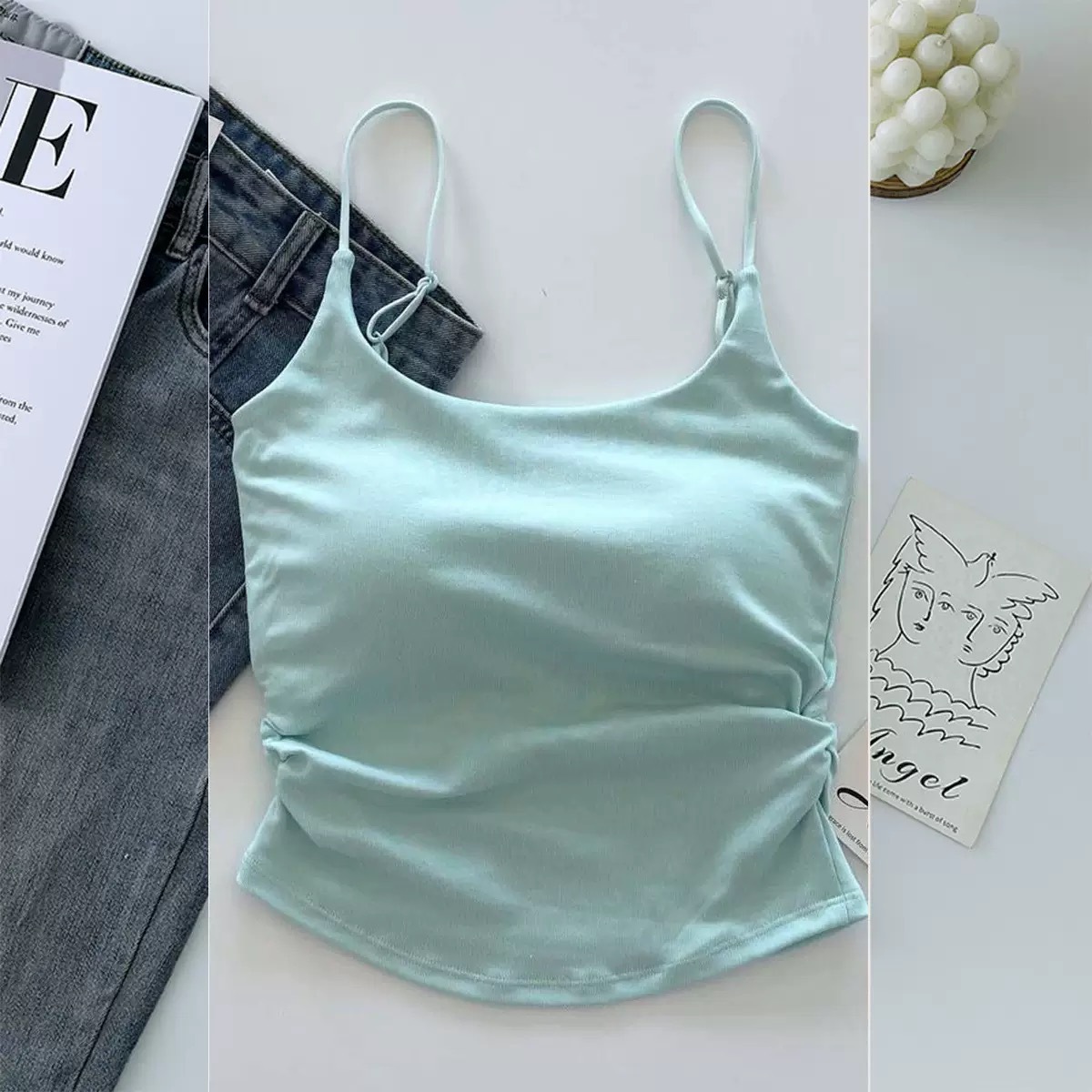 Camisola, estilo caliente para mujer, puro, dulce y picante, pliegues, almohadillas para el pecho, uso interior y exterior, diseño, hermoso top de espalda delgado image 11