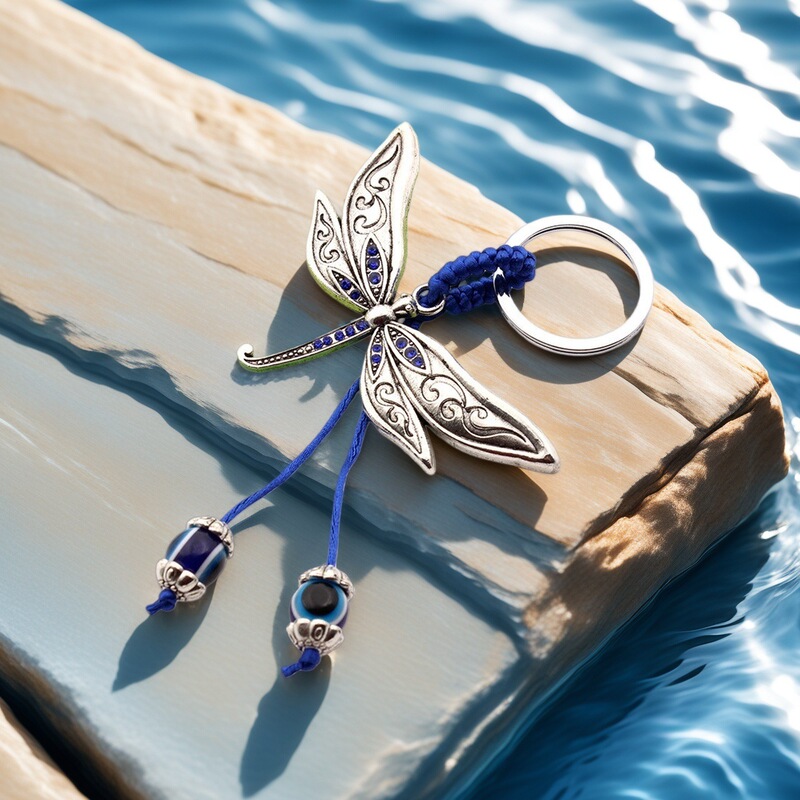 Promotional Gifts Cross-Border Blue Rope Braided Devil's Eye Keychain Metal Dragonfly Keychain Bag Hanging