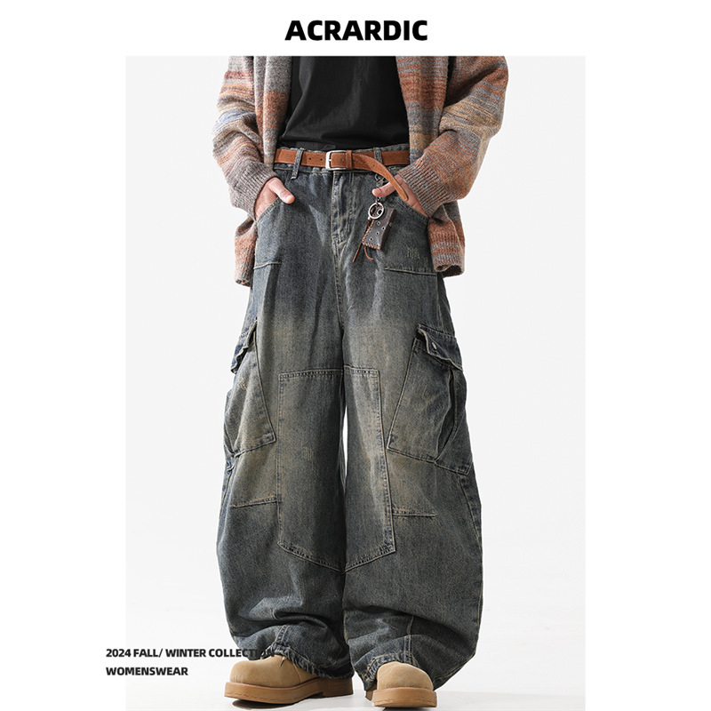 Trendy Brand Heavy Multi-pocket Machete Jeans Men's and Women's Fried Street Old Washed Wide-leg Workwear Couple Trendy Pants Trendy Brand Heavy Multi-pocket Machete Jeans Men's and Women's Fried Street Old Washed Wide-leg Workwear Couple Trendy Pants