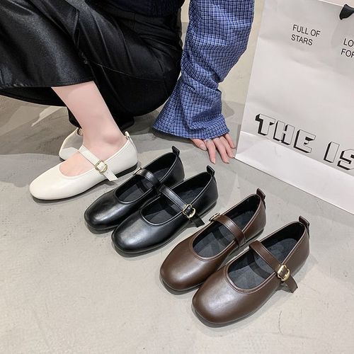 Spring New French Square Head Elegant Flat Slip-On Retro Slim Open-Toe Leather Shoes Soft Sole Mary Jane Shoes