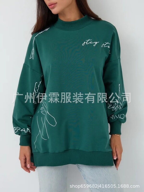 2025跨境欧美印花秋冬新款气质百搭开衩罗纹圆领长袖加绒卫衣女|undefined