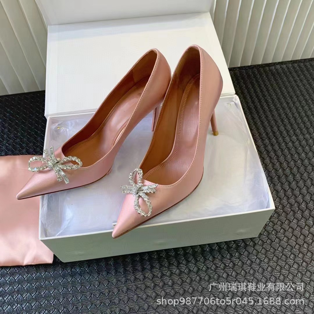 High Heels Women's Stiletto Heels 2023 New Spring & Fall Silks and Satins White Wedding Shoes Rhinestone Bow Pointed Toe Flats