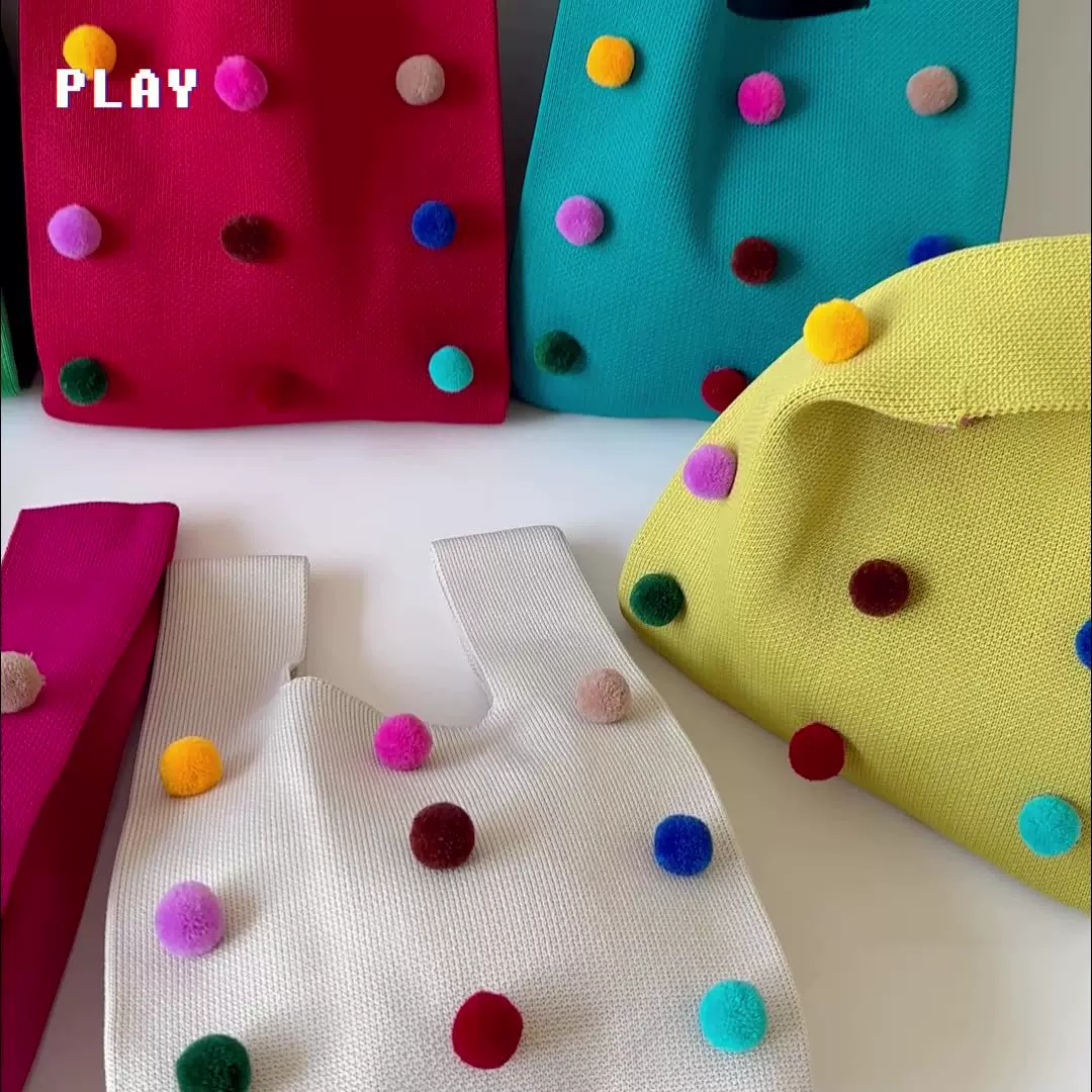 韩国可爱彩色球球针织包手提包女百搭大容量托特包手腕包斜挎