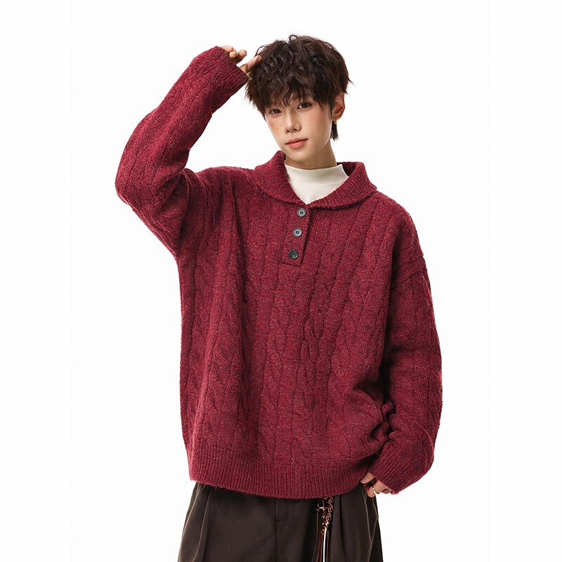 2026 Fall/Winter New Men's Shawl Collar Sweater Classic Cable Knit Half-Open Knit Shirt for Teenagers