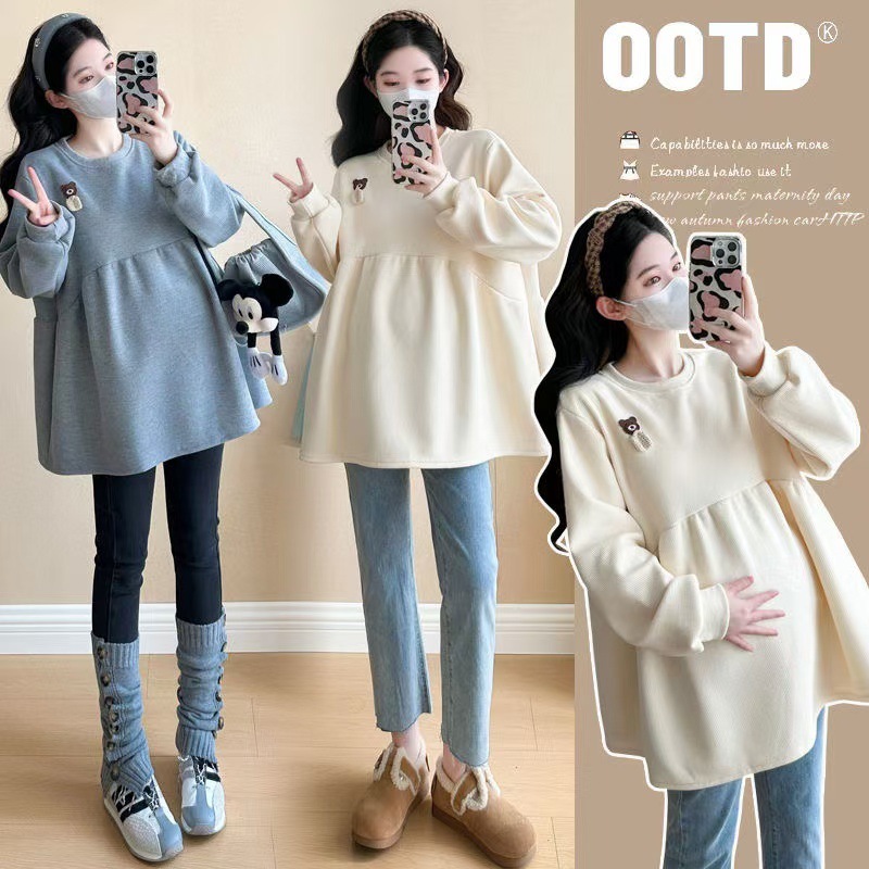 임산부 가을 겨울 정장과 작은 사람들을 위한 엉덩이를 가리는 벨벳과 두꺼운 따뜻한 상의 스웨트셔츠 재킷 중간 길이의 옷