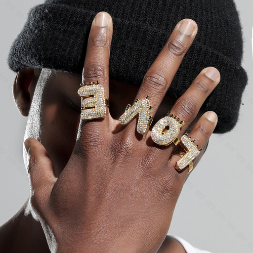 Hip-Hop Ring DIY Exaggerated Full Diamond Waterdrop Design English Letter LOVE Full Diamond Ring Amazon Exclusive
