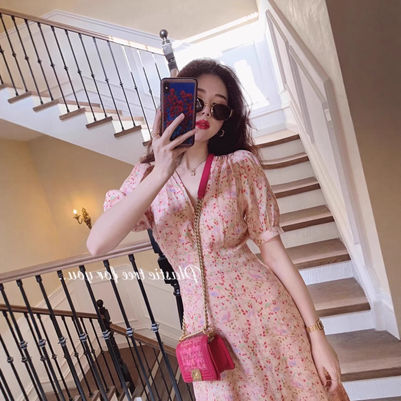 5113 Gentle Style, Sweet Elegant, Puff Sleeves, Over-The-Knee Long Skirt, Women's Summer French Waist-Cinching High-End Floral Dress 5113 Gentle Style, Sweet Elegant, Puff Sleeves, Over-The-Knee Long Skirt, Women's Summer French Waist-Cinching High-End Floral Dress
