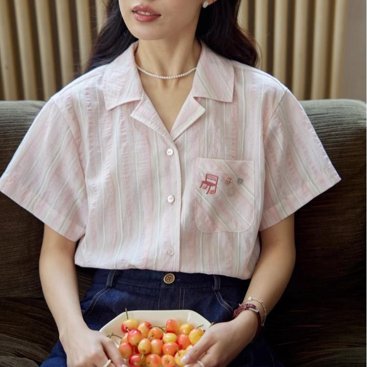 French-Style Cuban Collar Embroidered Short-Sleeved Striped Shirt for Women, New Summer Thin Sun-Protective Top