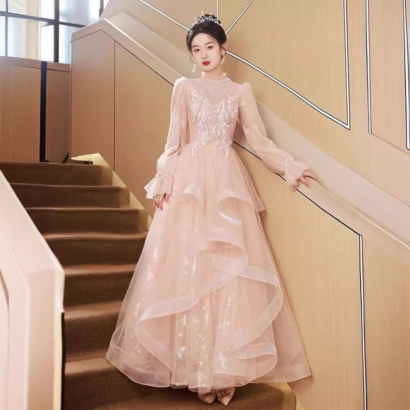 Pink Art Exam Evening Dress for Women 2026 New Style Long-Sleeved Light Luxury Niche Elegant Long Banquet Host Puffy Dress