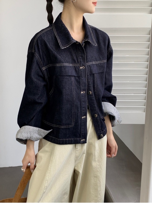 秋季深蓝色牛仔夹克上衣女2025感复古拼色宽松休闲短外套|undefined