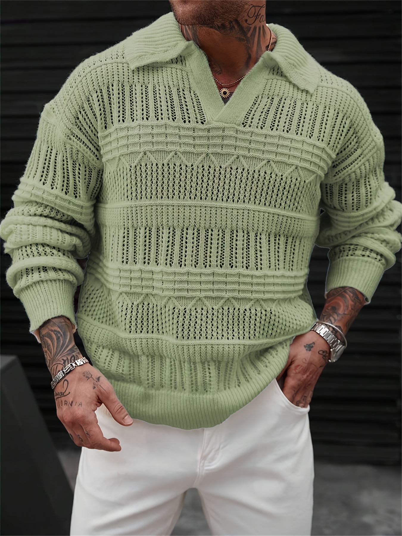 ​Men's Streetwear Hollow-Out Knit Shirt Fashion Loose Fit Short Sleeve Collared Pullover Polyester Breathable Summer Casual​_viptrois.com