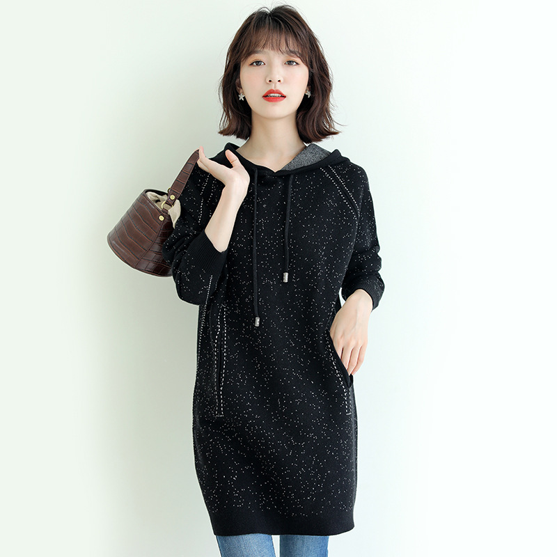 Dress Women's 2021 Autumn New Sequin Sweater Knitted Dress Hooded Simple Loose Base Skirt Slimming Pullover