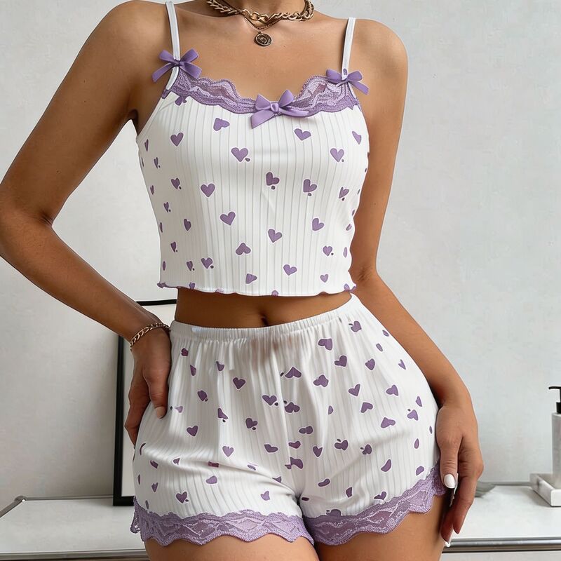 Cross-border thin women's home wear, heart-patterned camisole shorts, ribbed European and American sexy lingerie pajama set for women, summer Cross-border thin women's home wear, heart-patterned camisole shorts, ribbed European and American sexy lingerie pajama set for women, summer