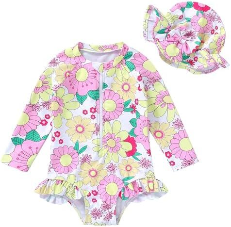 Traje de baño para niños europeos y americanos Traje de baño para niñas de una pieza Ropa de protección solar de manga larga con cremallera de sombrero Estilo explosivo transfronterizo de Amazon