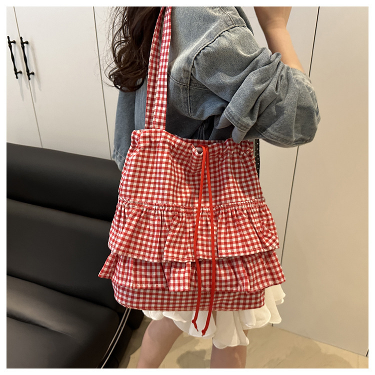 カレッジスタイルの女性用トートバッグ 2025 新作蓮の葉格子ショルダーバッグ シンプル通勤多用途キャンバスバッグ スクエア|undefined