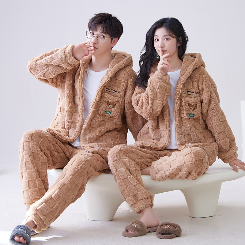 Otoño e invierno pareja cardigan pijamas engrosada ropa para el hogar de los hombres traje con capucha cálido invierno de las mujeres polar forrado de lana de coral