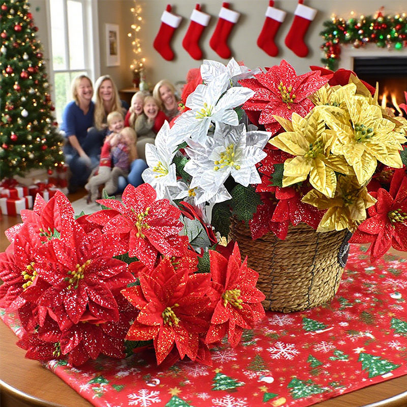 Simulación de flores de Navidad de 7 dientes, decoración de Navidad de flores falsas, actividades de vacaciones, artículos de boda en venta caliente