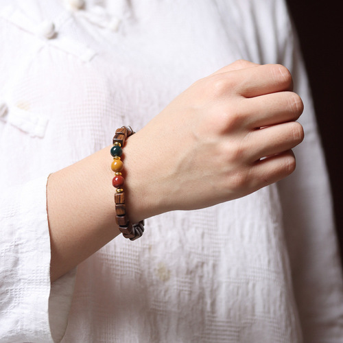 Modern Chinese Black Rosewood Block Bead Bracelet Three-Color Bead Red and Green Traffic Light DIY Style Old-style Ethnic Bracelet