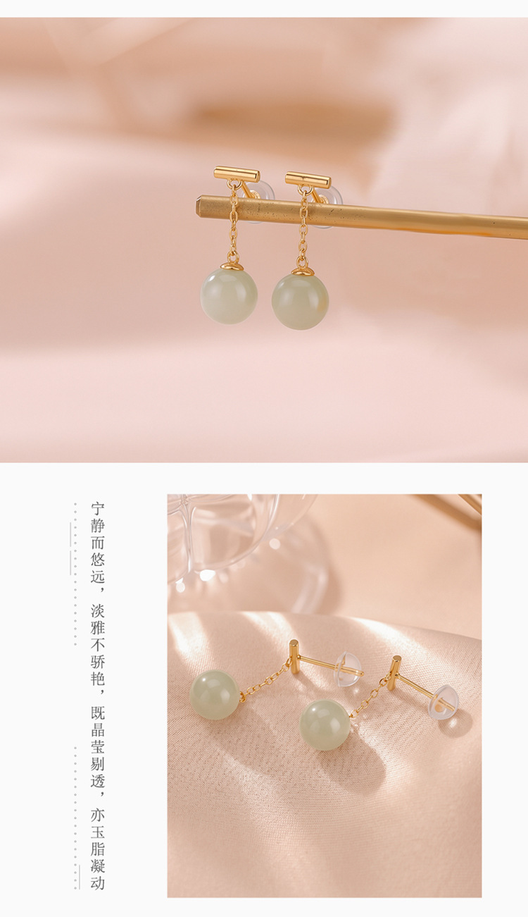 Bông tai bạc S925 mạ vàng đính đá hổ phách và ngọc bích phong cách tối giản — Một cặp màu hổ phách chi tiết 5