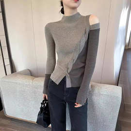 咖拼色半高领针织衫女早秋2024新款不规则小众设计感毛衣