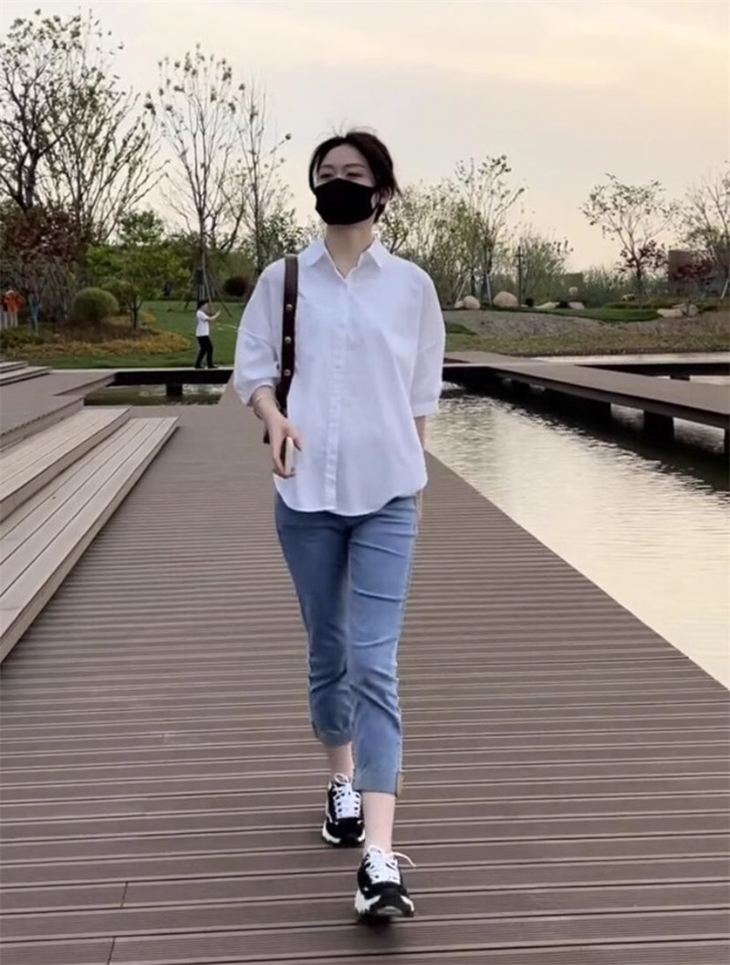 Áo sơ mi nữ cotton mùa hè tay lỡ phong cách Hàn Quốc — Màu xanh lam nhạt chi tiết 7