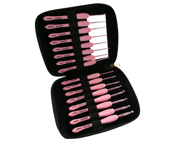 Herramienta de tejido, aguja de suéter, mango de plástico ABS, ganchillo fino de cuero, un juego de 16 piezas, un juego completo de bolsas OPP