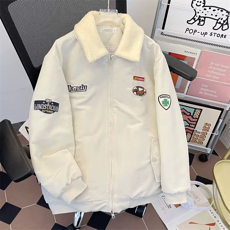 Американская уличная свободная овечья шерсть лацканья ватная одежда для мужчин и женщин осенью и зимой