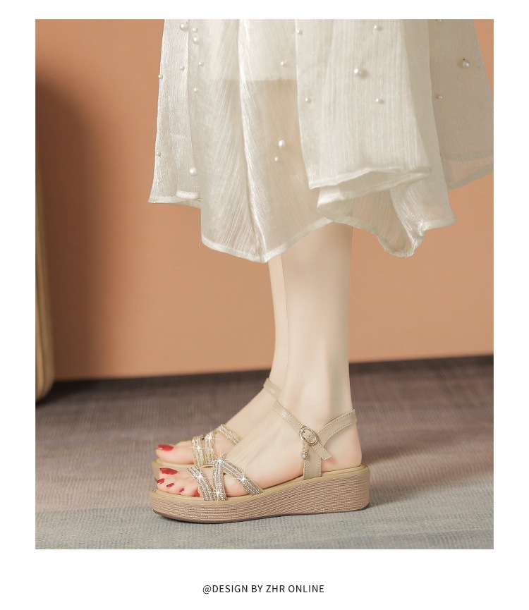 Sandal cao gót nữ đính đá phong cách La Mã, đế xuồng thoải mái — AY161 Trắng be chi tiết 18