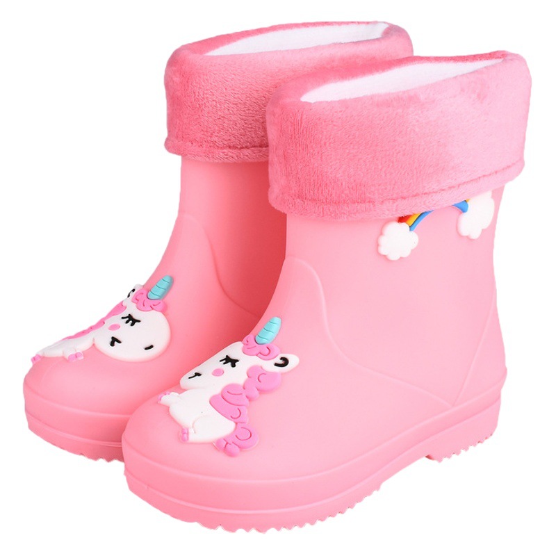 Children's rain boots girls' drawstring fleece-lined boys' non-slip water shoes Four Seasons cartoon cute princess rain boots children rain boots