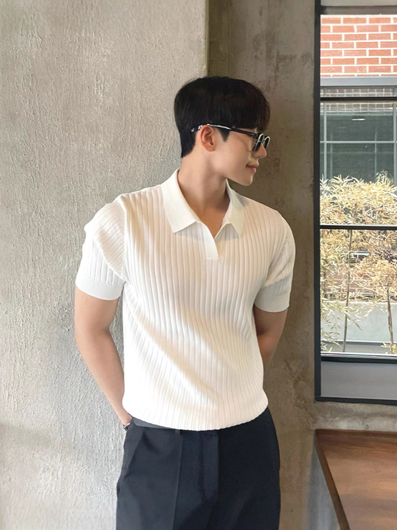 Polo de punto con cuello de gaviota Suéter de manga corta delgado europeo para hombre Suéter transpirable de seda fría Suéter Paul Cuello en v