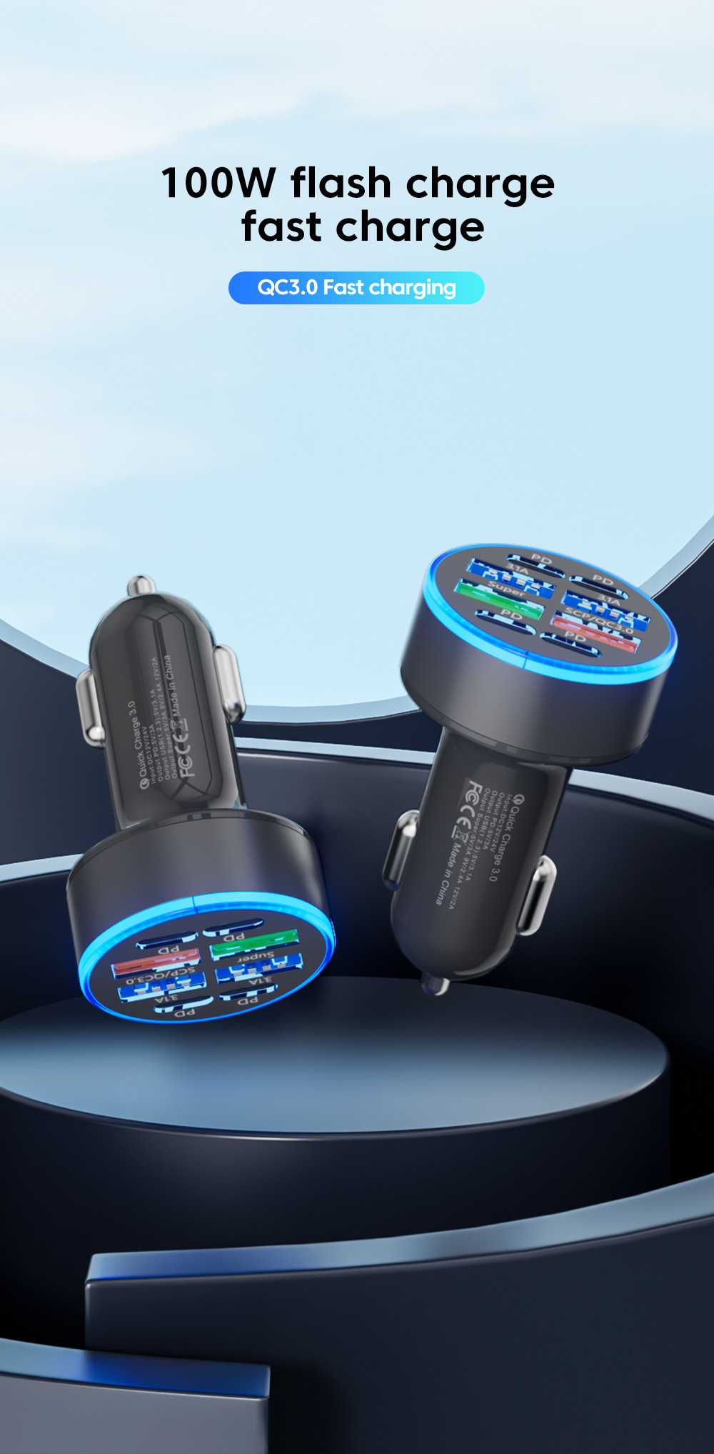 Multi-port with digital display support super fast charging 6/8 port with voltage vehicle-mounted one-to-six/8-car fast charging cross-border