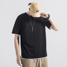 2022夏季純棉日系男圓領短袖T恤青年男生假兩件T恤潮流男裝
