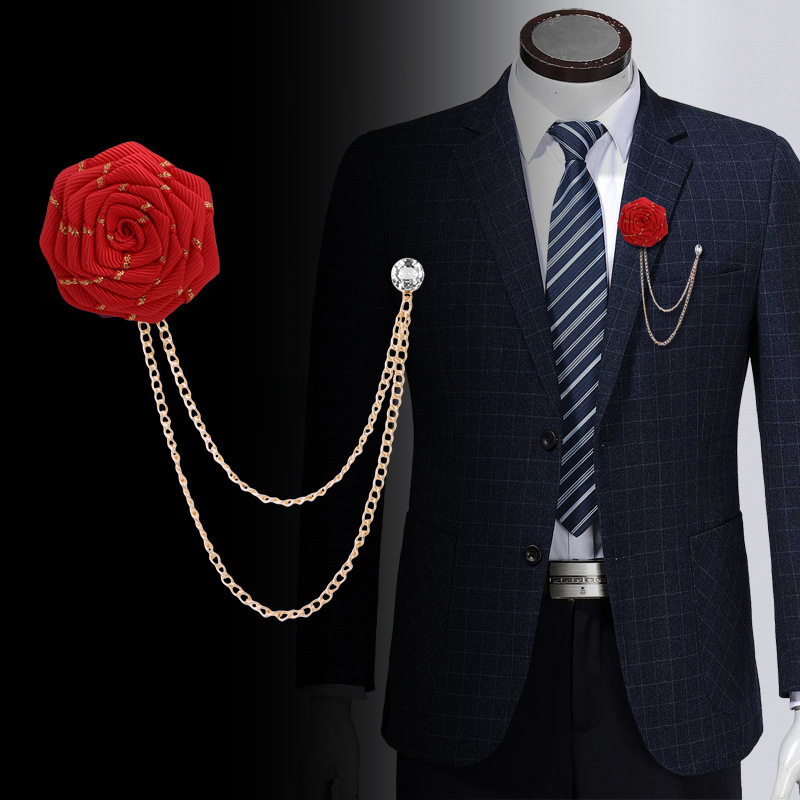 Korean Mixed Color Rose Diamond Collar Pin Fashion Suit Brooch Collar Chain Tassel Handmade Ribbon Fabric Flower Brooch