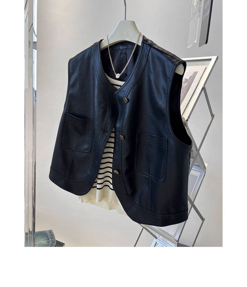 Áo vest nữ da PU phong cách retro Pháp, dáng không tay, một hàng khuy, dài 50–65 cm — Màu nâu, màu đen chi tiết 2