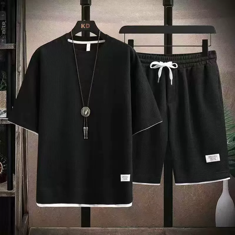 Комплект верх с коротким рукавом и брюки oversize, размеры M–5XL, текстура вафли, повседневный набор