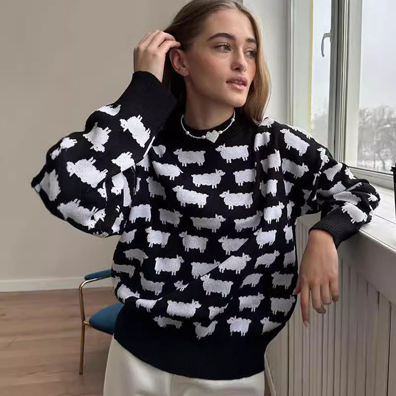 Cross-Border Round Neck Alpaca Jacquard Sweater European and American Style Autumn and Winter New Women's Loose Casual Pullover Casual and Versatile Cross-Border Round Neck Alpaca Jacquard Sweater European and American Style Autumn and Winter New Women's Loose Casual Pullover Casual and Versatile