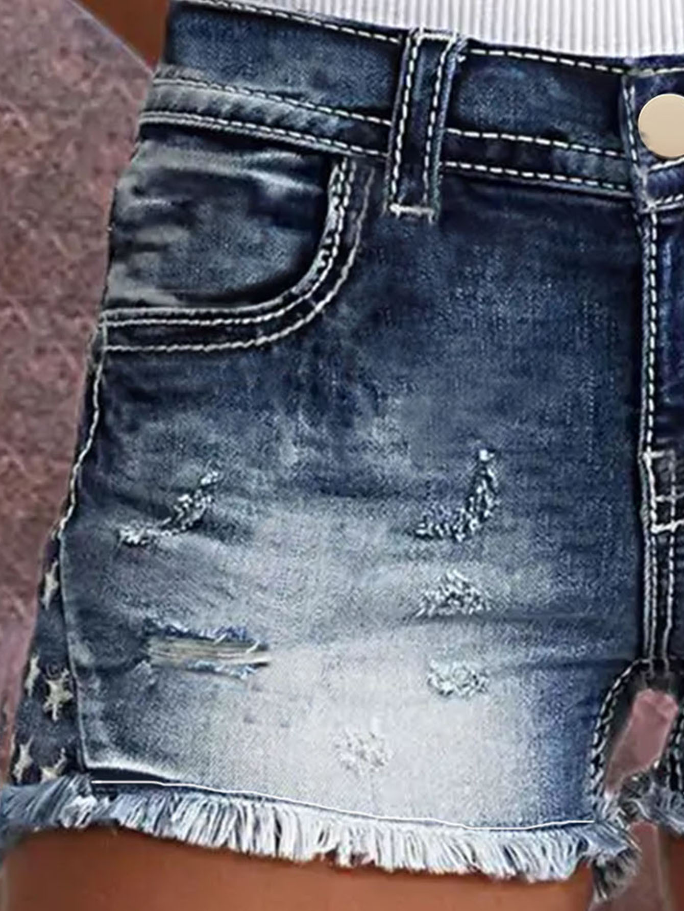 Women's European And American Fashion Ins Hot Style Elastic Patch Embroidered Ripped Denim Shorts_ecoleips.com
