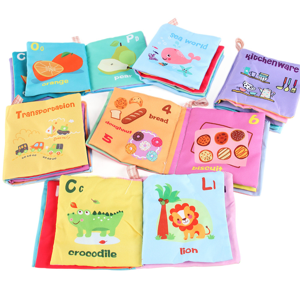 Cuatro libros de tela tridimensionales transfronterizos para bebés juguetes de educación temprana 4 caras 8 páginas libros de palma de frutas y alimentos animales cognitivos libros de tela para bebés