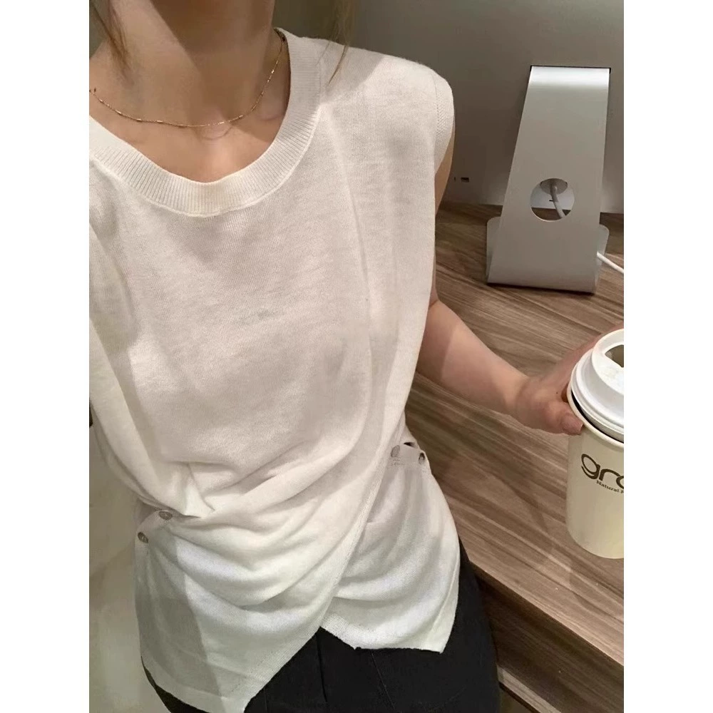 Корейский стиль, модный трикотаж без рукавов для женщин, летний новый стиль, асимметричный разрез на талии, утягивающий жилет снизу