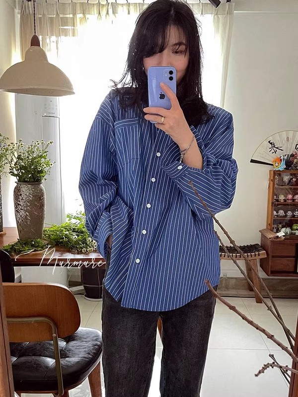 秋季宽松廓型蓝色条纹衬衫 小众法式复古纯棉长袖衬衣 上衣女|undefined
