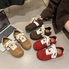 丑萌大头拼色德训鞋女2025秋季新款复古系带阿甘鞋平底内增高女鞋