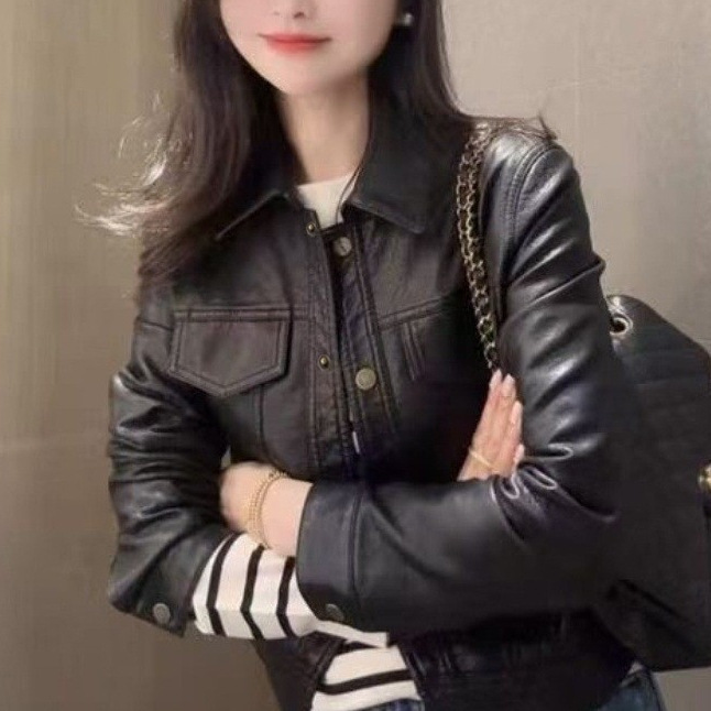 复古上衣翻领港风秋冬新款皮衣女夹克外套黑色其他|undefined