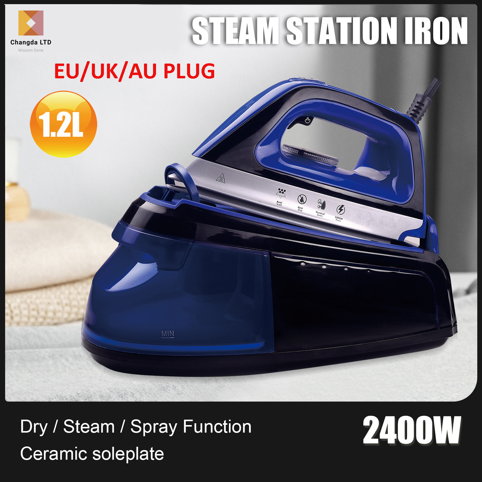Electric Iron Cross-Border New Model 1.2L Large Water Tank Steam Iron Household Convenient Temperature Control 2400W Industrial Iron