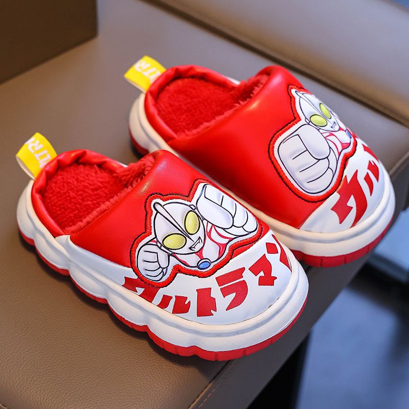 Ultraman invierno niños zapatos de algodón bolsas tacones cálidas lana PU impermeable suela gruesa antideslizante zapatillas de algodón para niños caseros